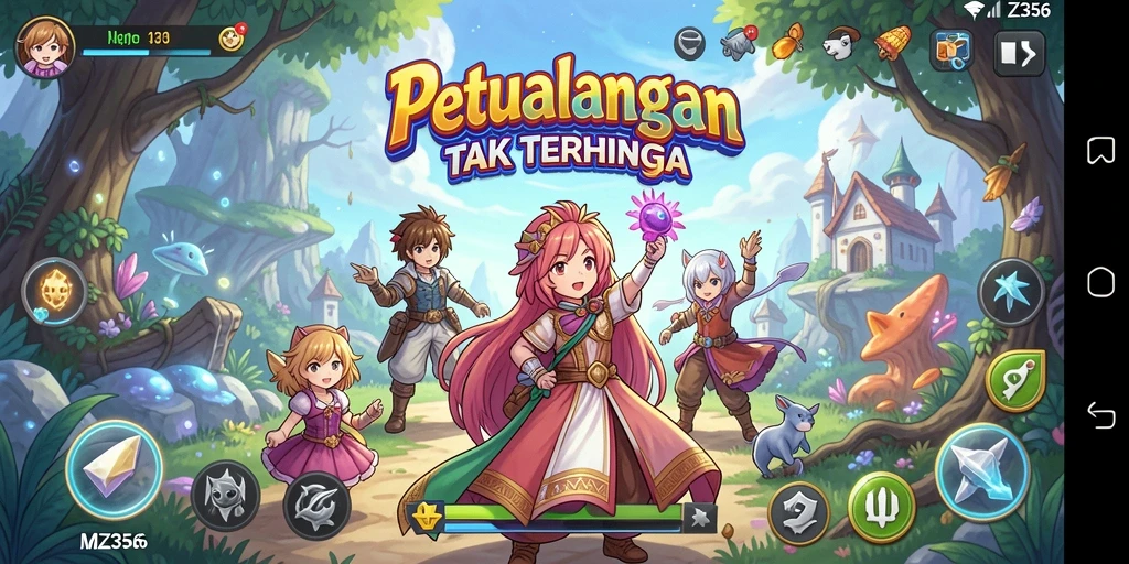 Tampilan gameplay seru dan karakter anime yang menggemaskan.