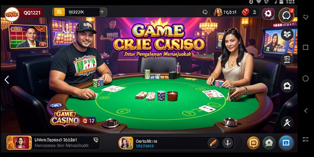 Screenshot utama QQ1221 menampilkan dealer cantik dan suasana kasino yang hidup.