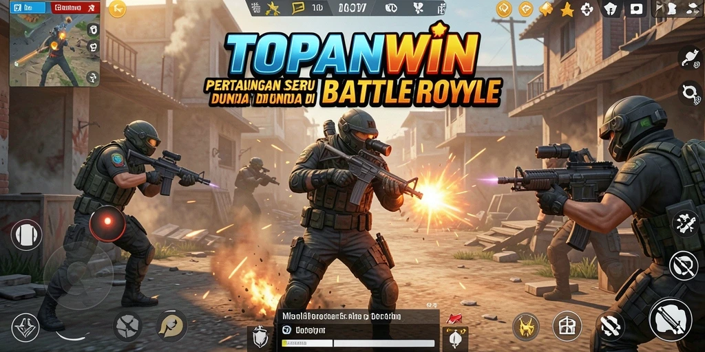 Screenshot utama TOPANWIN menampilkan aksi pertempuran Battle Royale yang mendebarkan.